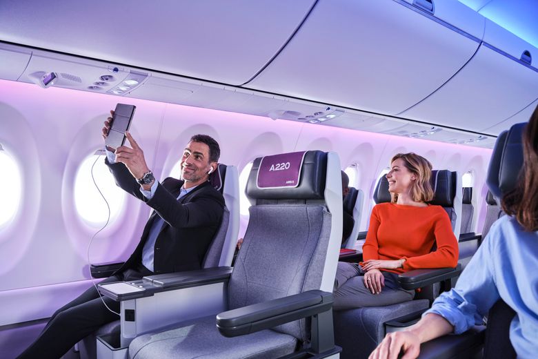 A220 Business Class seamless connectivity, ambient lighting, overhead video display A220 Business Class seamless connectivity, ambient lighting, overhead video display