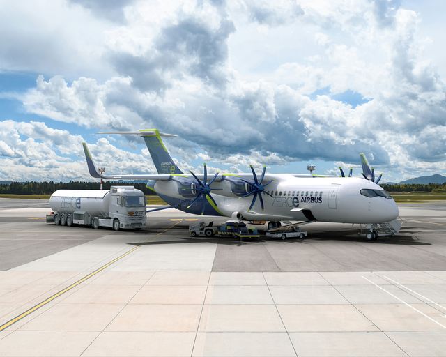 ZEROe fully electric hydrogen-powered four pod aircraft at airport ZEROe fully electric hydrogen-powered four pod aircraft at airport