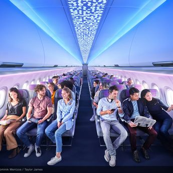 Cross-section Economy Class, XL bins, ambient lighting in A320 Airspace cabin with passengers Cross-section Economy Class, XL bins, ambient lighting in A320 Airspace cabin with passengers
