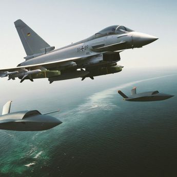Eurofighter with 2 XQ-58 over baltic maritime environment Eurofighter with 2 XQ-58 over baltic maritime environment