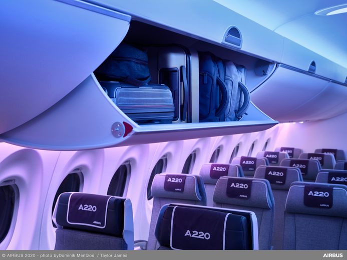 A220 Bins RHS, open with luggage A220 Bins RHS, open with luggage