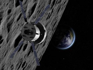 Orion orbiting the Moon scenario - artist view Orion orbiting the Moon scenario - artist view