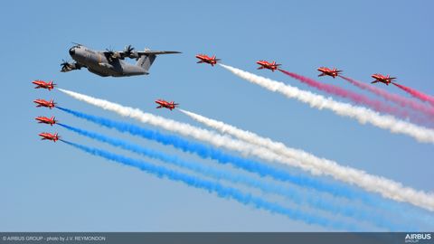 A400M flying with Red Arrows at RIAT