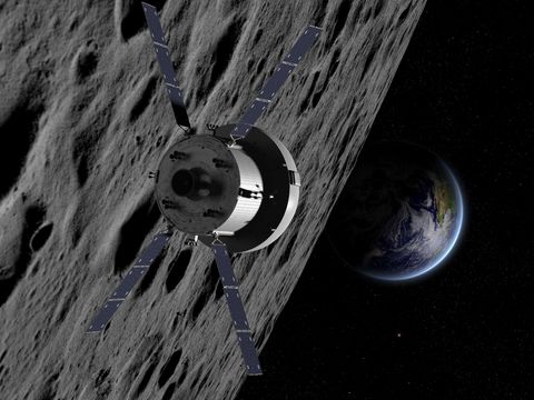 Orion orbiting the Moon scenario - artist view Orion orbiting the Moon scenario - artist view
