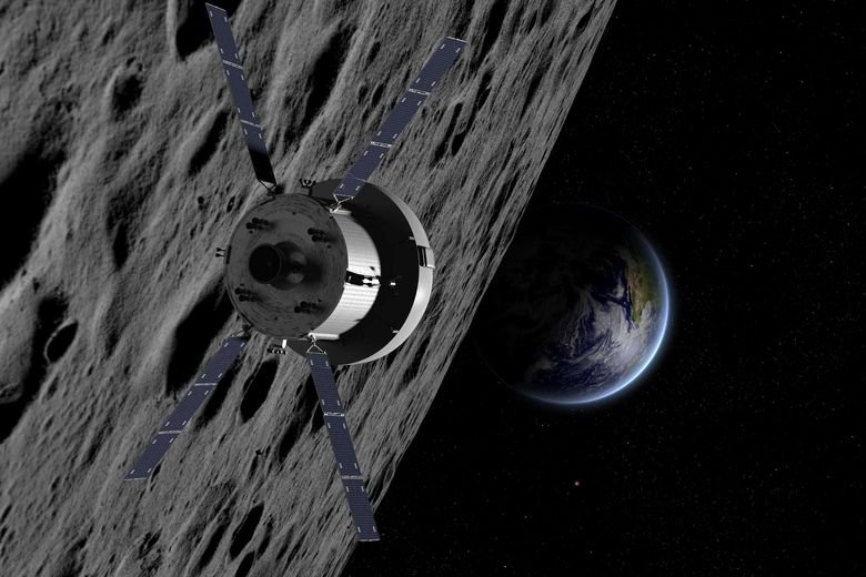 Orion orbiting the Moon scenario - artist view Orion orbiting the Moon scenario - artist view
