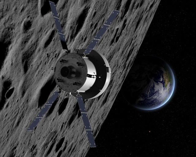 Orion orbiting the Moon scenario - artist view Orion orbiting the Moon scenario - artist view