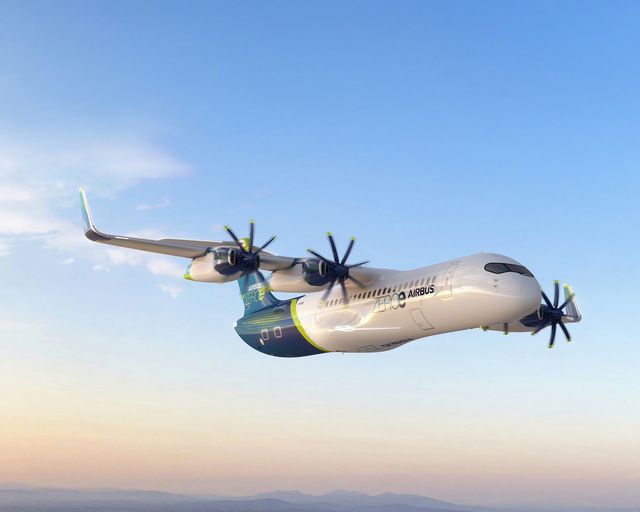 ZEROe fully electric hydrogen-powered four pod aircraft flying over a city ZEROe fully electric hydrogen-powered four pod aircraft flying over a city