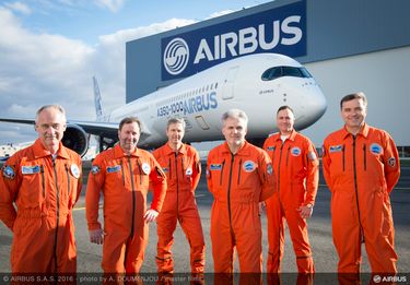 First Flight crew in front of the A350-1000 on ground First Flight crew in front of the A350-1000 on ground