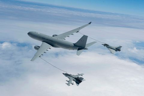 RAF 10 Sqn Voyager Tanker Air-Air refuelling RAF Tornado GR4 from 617 & 12 Sqn and EF Typhoon from 3 & 6 Sqn.