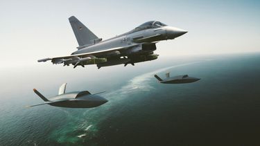 Eurofighter with 2 XQ-58 over baltic maritime environment Eurofighter with 2 XQ-58 over baltic maritime environment