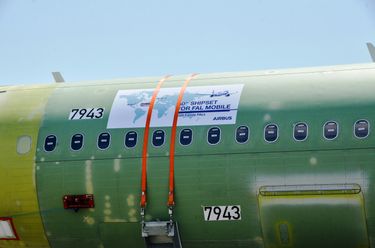 Close-up of 50th A320 Family fuselage arriving in Mobile, Alabama Close-up of 50th A320 Family fuselage arriving in Mobile, Alabama