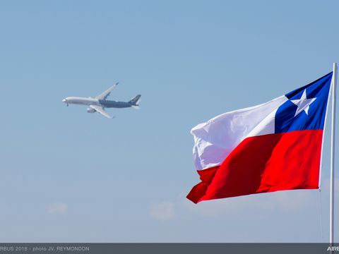 Santiago de Chile's flag in front of A350-900 Airbus flying Santiago de Chile's flag in front of A350-900 Airbus flying