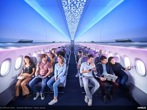 Cross-section Economy Class, XL bins, ambient lighting in A320 Airspace cabin with passengers Cross-section Economy Class, XL bins, ambient lighting in A320 Airspace cabin with passengers