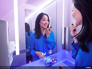 Lavatory blue with open smile, touchless features passenger in Airspace A320  cabin Lavatory blue with open smile, touchless features passenger in Airspace A320  cabin