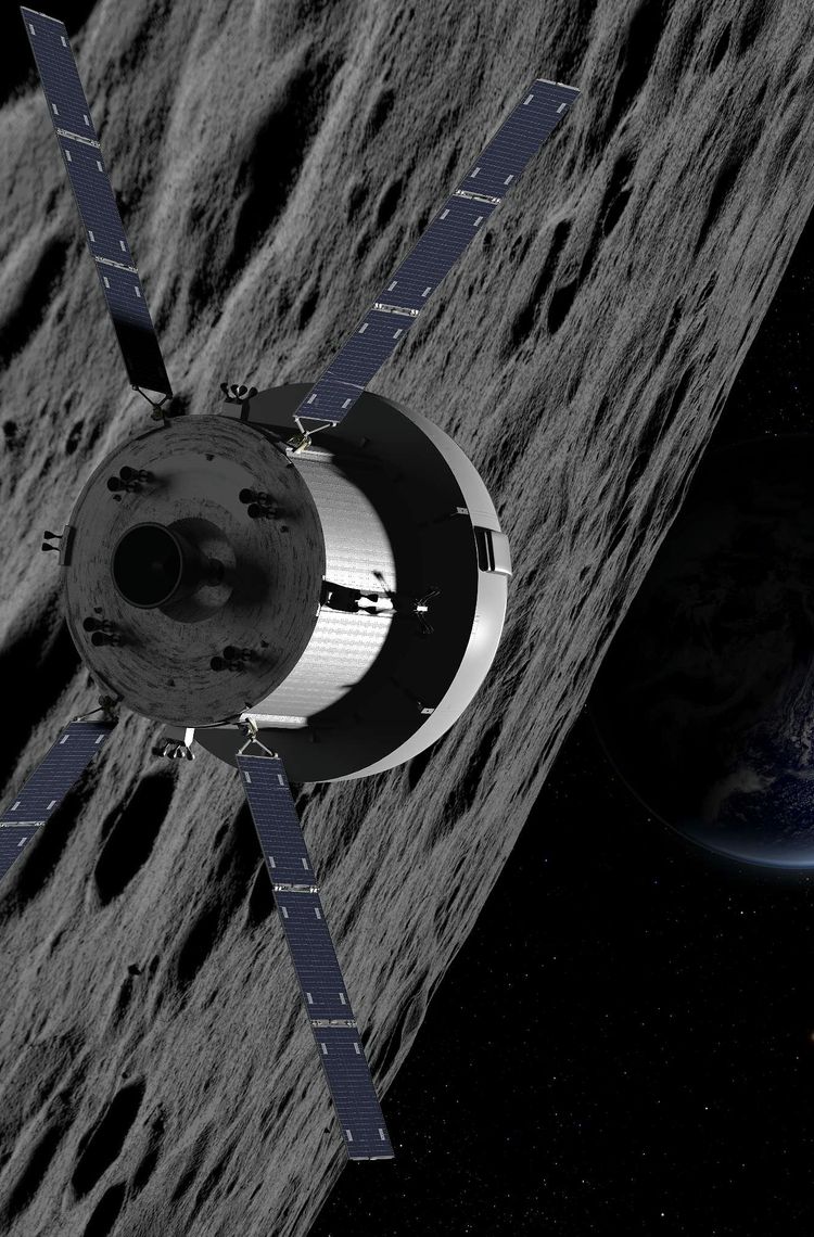 Orion orbiting the Moon scenario - artist view Orion orbiting the Moon scenario - artist view