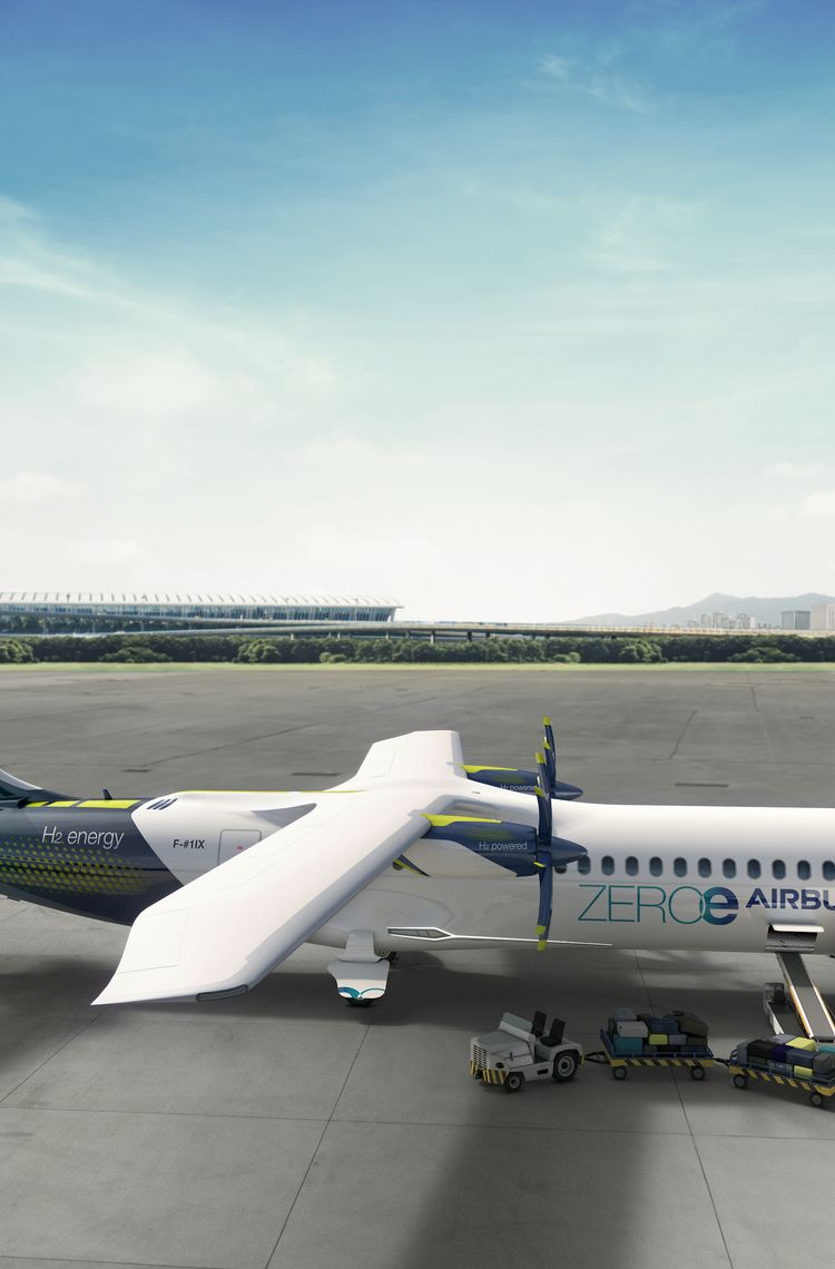 Turboprop concept of ZEROe hydrogen-powered aircraft at the airport Turboprop concept of ZEROe hydrogen-powered aircraft at the airport
