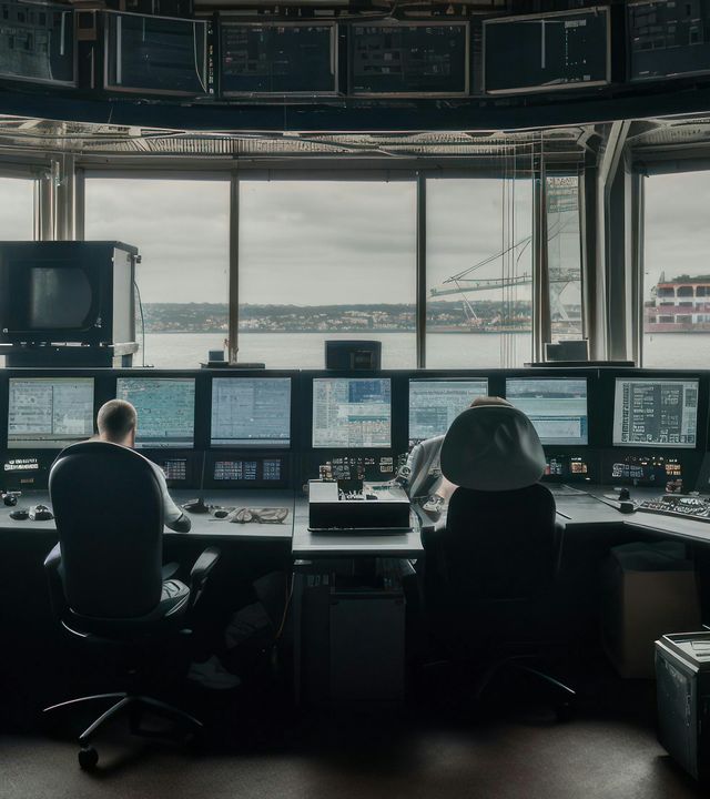 Control room workers monitoring cargo port information screens, tower view overlooking harbor, generative ai Control room workers monitoring cargo port information screens, tower view overlooking harbor, generative ai