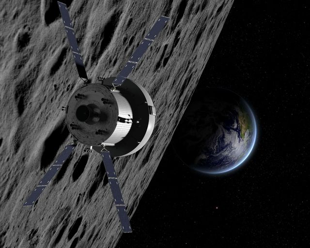 Orion orbiting the Moon scenario - artist view Orion orbiting the Moon scenario - artist view
