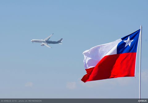 Santiago de Chile's flag in front of A350-900 Airbus flying