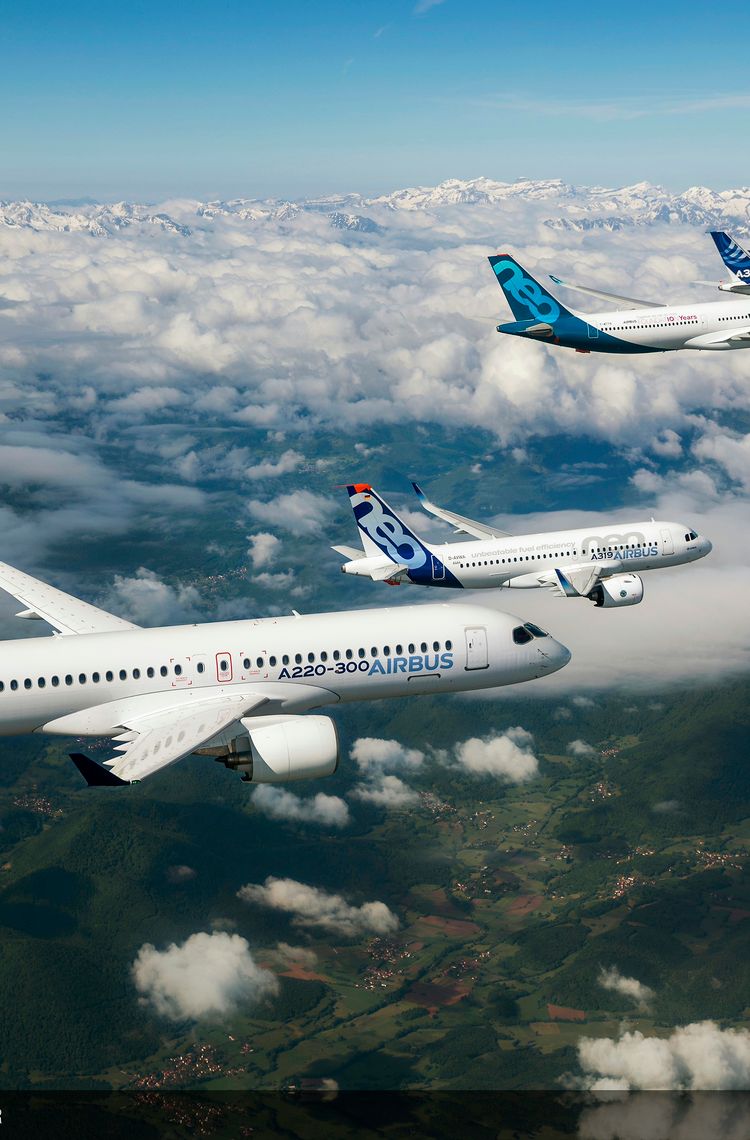 Airbus Commercial Aircraft formation flight – Airbus 50-year anniversary Airbus 50th anniversary formation flight with A220, A319neo, A330-900, A350-1000, A380, and BelugaXL.