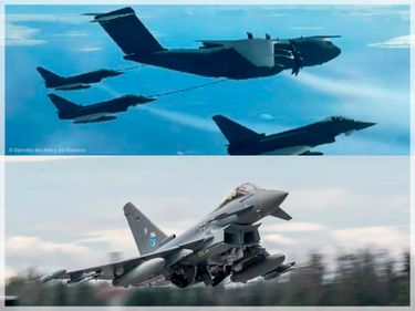 The six Spanish Eurofighters deployed at Kohalniceanu Air Base have flown over 200 sorties in more than two months, some with air-to-air refuelling from an A400M. The six Spanish Eurofighters deployed at Kohalniceanu Air Base have flown over 200 sorties in more than two months, some with air-to-air refuelling from an A400M.