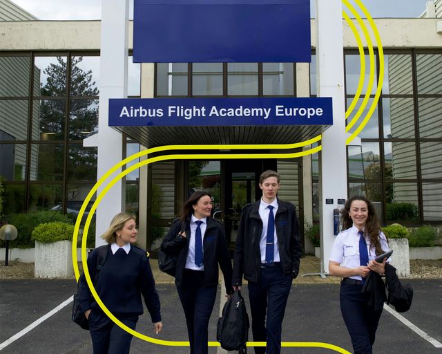 AFA - Cadets in front of Airbus Flight Academy Europe entrance with stripes Smiling cadets in front of Airbus Flight Academy Europe entrance