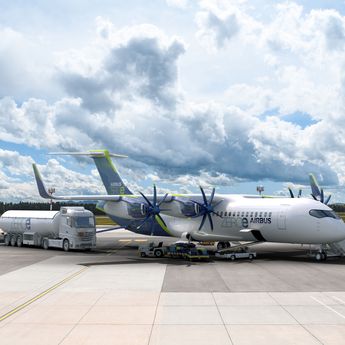 ZEROe fully electric hydrogen-powered four pod aircraft at airport ZEROe fully electric hydrogen-powered four pod aircraft at airport