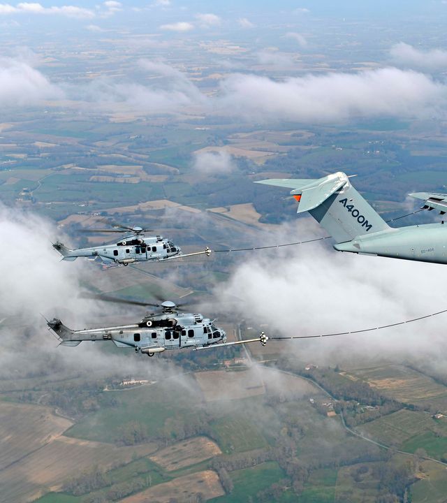 The Airbus A400M and the H225M during an air-to-air refuelling exercise The Airbus A400M and the H225M during an air-to-air refuelling exercise