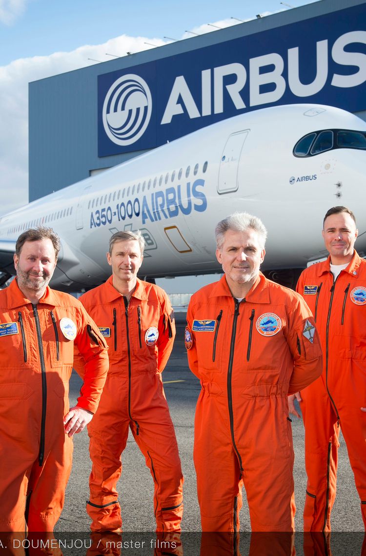 First Flight crew in front of the A350-1000 on ground First Flight crew in front of the A350-1000 on ground